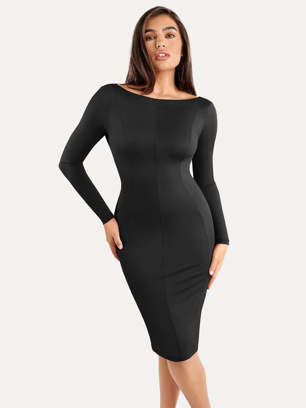 Popilush Shapewear Long Sleeve Boat Neck Sculpting Midi Dress Large